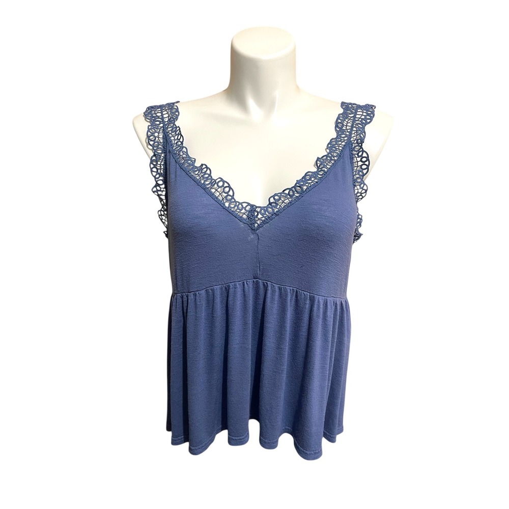 BiB! Crochet Lace Trim Tank Top Babydoll Style‎ Sleeveless Blouse Blue L Boho